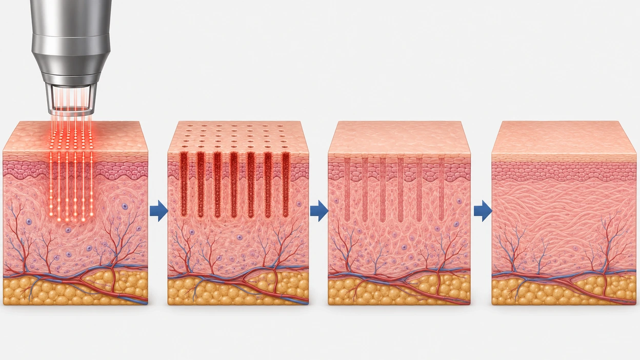 Schema des fraktionierten Laser-Resurfacings und der anschließenden Hautregeneration