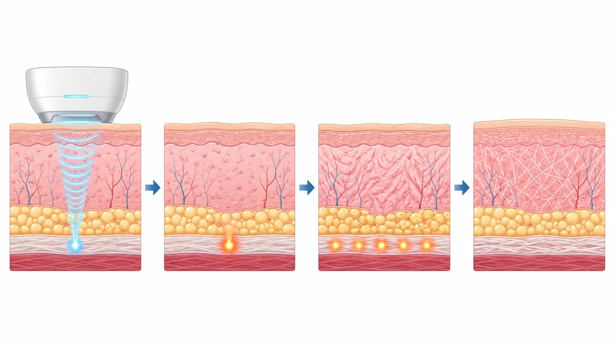 Schema dell’azione degli ultrasuoni focalizzati sui tessuti e del successivo rimodellamento del collagene
