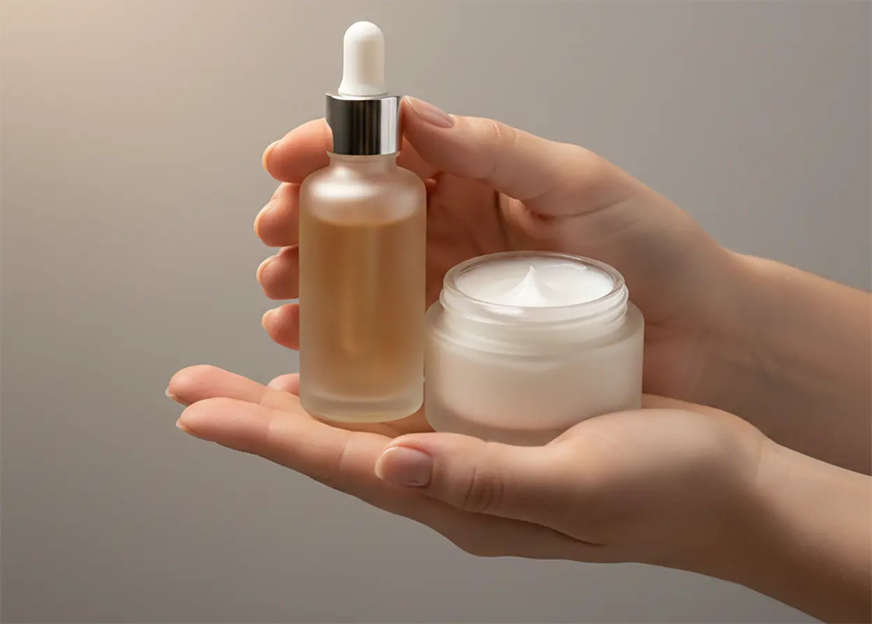 Superposition de soins pour l'acné : acide hyaluronique, crème et SPF
