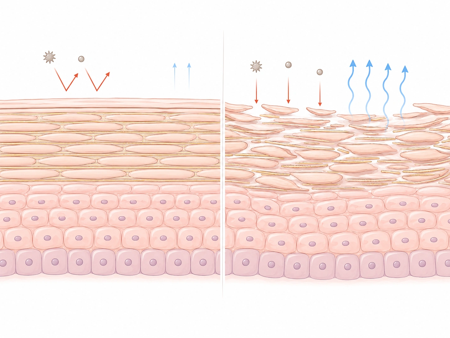 Healthy and damaged skin barrier — diagram of lipid layer disruption and transepidermal water loss