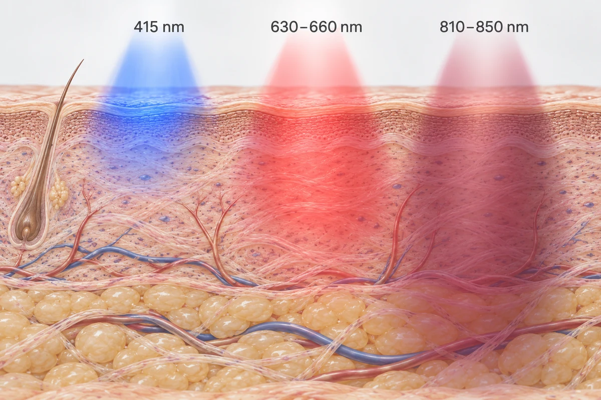 Esquema comparativo da penetração da luz azul de 415 nm, da luz vermelha de 630–660 nm e da infravermelha próxima de 810–850 nm na pele.