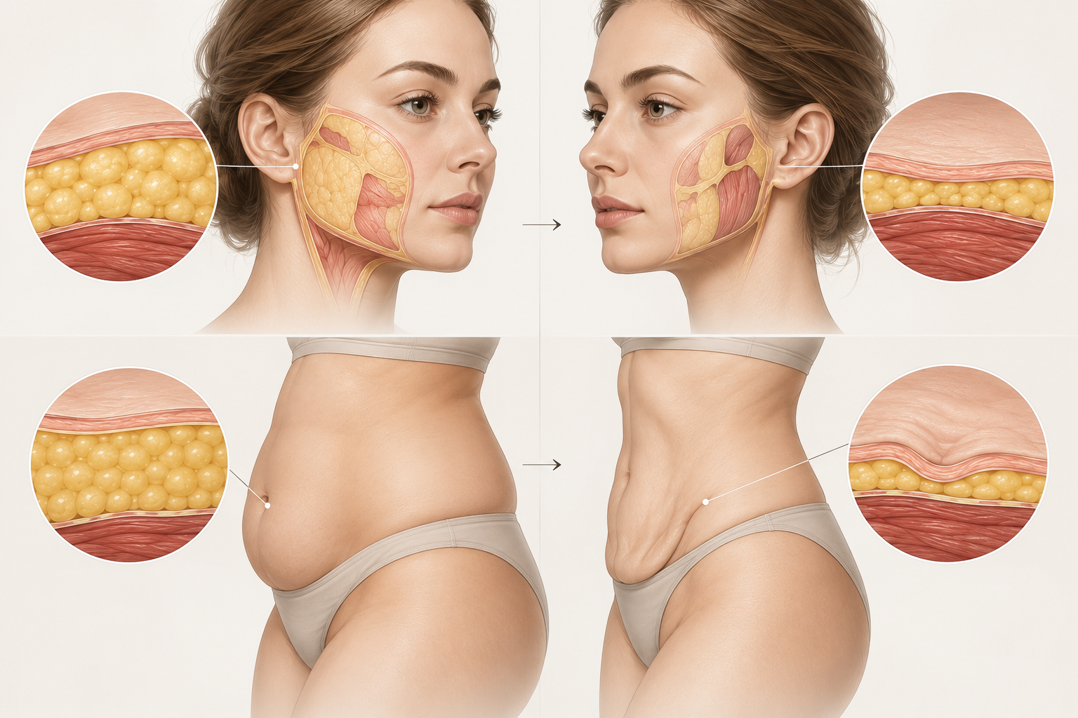 Schematic image of facial and body transformation after weight loss
